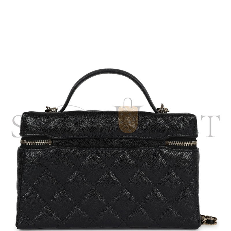 Ch*el cc top handle long vanity case with chain black shiny caviar light gold hardware 1109942 (19.5*17*5cm)
